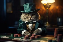 A Gray Cat In A Suit And Hat Plays Poker. Gambling Concept. Generated By Artificial Intelligence