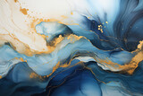 Fototapeta Na sufit - Abstract blue wave with gold lines watercolor texture painting, Generative Ai