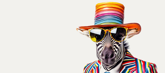 Wall Mural - Fantasy zebra wearing glasses with multicolored style.funny wildlife in surreal surrealism art.creativity. and inspiration background.