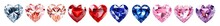 Set Of Colorful Shiny Gemstones, Diamonds, Crystal, Sapphires, Rubies In Heart Shape Isolated Cutout On Transparent Background.