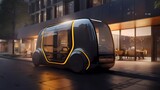 Fototapeta  - Autonomous robot taxi outside hotel/luxury accommodation - yellow brown color tones 