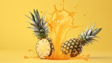 Flying In Air Fresh Ripe Whole And Cut Baby Pineapple With Juice Splash Isolated On Pastel Yellow Background. High Resolution Image 