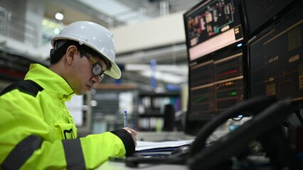 Engineer working at control room,Manager control system,Technician man monitoring program from a lot of monitor	