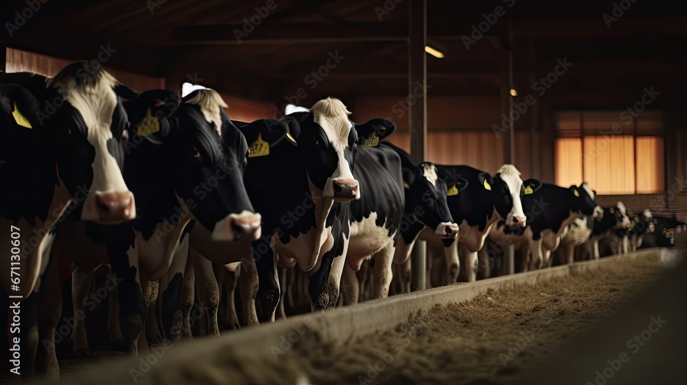Fodder Worker Healthy dairy cows feeding on fodder standing in row of stables in ...