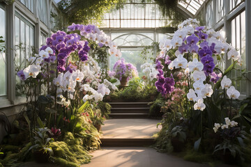 Sticker - Rows of colorful orchids fill a greenhouse, revealing a diverse collection of this exotic and beautiful species