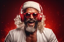 Nightclub Invite On Christmas Party Celebration Funky Crazy Santa Claus Dj In White Headset Sing Song Sound Melody Listen Music Dance Wear Stylish X-mas Hat Suspenders Isolated Red Background