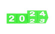 happy new year 2024,, 2024 new year, 3d illustration of 2024 green dices turning year from 2023 to 2024 on white background with empty space for text, New year wishes greeting card