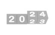 © mvdesign - happy new year 2024,, 2024 new year, 3d illustration of 2024 grey dices turning year from 2023 to 2024 on white background with empty space for text, New year wishes greeting card