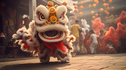 chinese traditional lion dance costume performing at a temple in china, lunar new year celebration, 