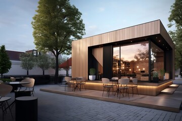 Small modern coffee shop, wooden exterior, realistic render. Architecture design concept for cafe, coffee, shop.