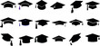 Graduation caps, black and white vector illustration. Different styles, angles perfect for graduation season designs. Ideal for academic, ceremony, commencement, education-related themes.
