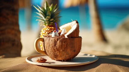 Poster -  a close up of a plate of food on a table with a pineapple and a drink in a cup on a table with a beach and palm tree in the background.  generative ai