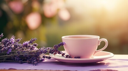 Poster -  a close up of a cup and saucer on a saucer with a bunch of lavender flowers in front of a blurry background of a teacup and saucer.  generative ai