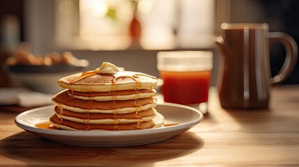 Poster -  a stack of pancakes sitting on top of a white plate next to a cup of coffee and a glass of orange juice on a wooden table with a wooden table.  generative ai