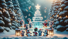 A Group Of Diverse Penguins Joyfully Celebrating Christmas Around A Grand Ice Sculpture Shaped Like A Christmas Tree. The Sculpture Glimmers Under The Soft Glow Of Nearby Lanterns