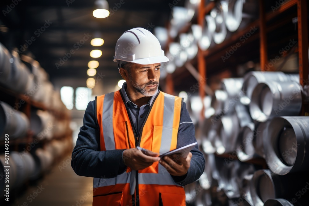Checking Inventory Engineering Warehouse inventory management in metalwork factory with engineer or ...