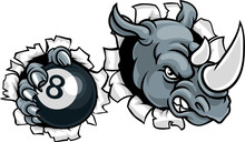 A Rhino Angry Mean Pool Billiards Mascot Cartoon Character Holding A Black 8 Ball.