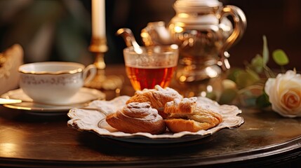 Canvas Print -  a plate of pastries sitting on a table next to a cup of tea and a tea kettle with a rose in it and a teapot on the table.  generative ai