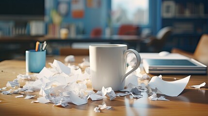 Poster -  a cup of coffee sitting on top of a wooden table next to a pile of shredded up paper on top of a table next to a pen and a book.  generative ai