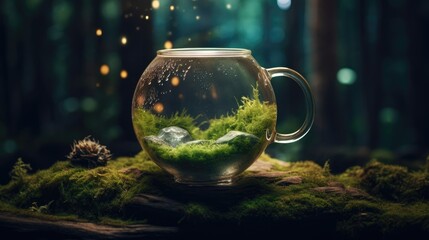 Poster -  a glass cup filled with moss and ice in the middle of a forest with a pine cone on the side of the cup and a pine cone in the middle of the cup.  generative ai