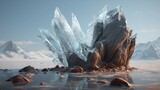 Fototapeta Natura - Eisformation mit Felsen in einer kargen Landschaft mit Bergen und Wasser.