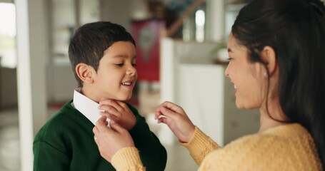 Sticker - School, dressing and mother high five child in home ready for education, childhood development and learning. Happy, family and mom and young boy for greeting, goodbye and care leaving for academy