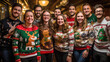 A group of friends in ugly Christmas sweaters, posing for a fun photo.