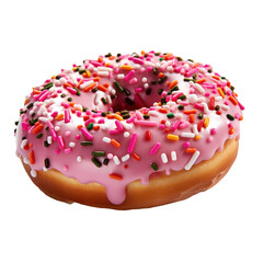 a donut decorated with pink icing with sprinkles, isolated