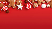 Red Christmas Background With Gingerbread Men, Generative Ai