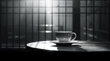  A Black And White Photo Of A Coffee Cup And Saucer On A Wooden Table In Front Of A Jail Cell With Bars Of Light Coming Through The Window Panes.  Generative Ai