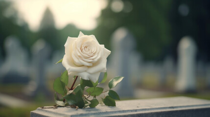 Beautiful white rose on Catholic cemetery with a grave marker and cross engraved on it. Funeral concept.