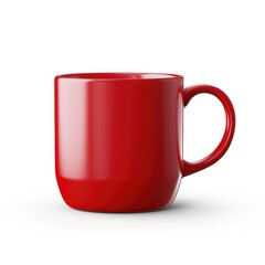 A red coffee cup on a white surface, mug mockup, copy-space.