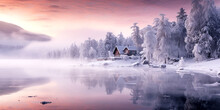 Amazing Winter Sunset Panorama With Little House By Lake Surrounded By Snowy Forest