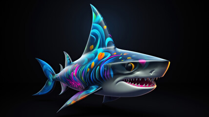 Wall Mural - A colorful shark with sharp teeth on a black background