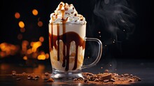  A Hot Chocolate Latte With Whipped Cream And Caramel Drizzles On A Black Background With A Bit Of Smoke Coming Out Of The Top Of The Latte.  Generative Ai