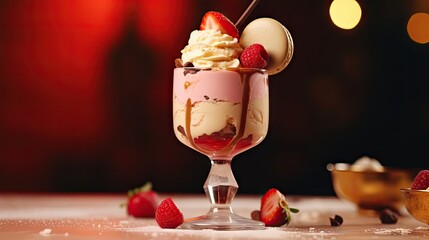 Poster -  a dessert with strawberries and ice cream in a glass on a table with a bowl of strawberries and a bowl of ice cream on a table with lights in the background.  generative ai