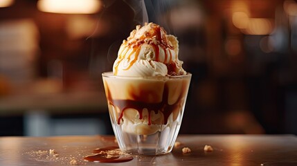 Poster -  an ice cream sundae with chocolate sauce and caramel drizzle in a glass on a wooden table with a blurry background of a blurry background.  generative ai