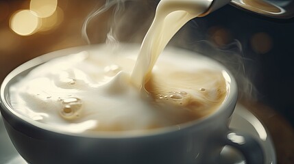 Poster -  a close up of a cup of coffee with milk pouring out of the top of the cup and steam coming out of the top of the top of the cup.  generative ai