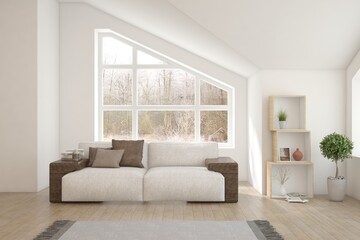 Wall Mural - White living room with sofa and winter landscape in window. Scandinavian interior design. 3D illustration