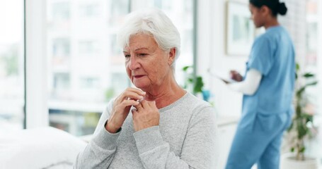 Poster - Consultation, coughing or sick old woman in hospital appointment for wellness or medical help. Chest pain, tuberculosis or senior patient with cold or doctor for nursing in clinic for healthcare