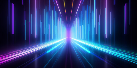 Wall Mural - Neon dark stage shows empty room: neon light, spotlights, dark blue, purple, pink background - dance floor for product display in studio, backdrop for photo shooting. Generative AI.