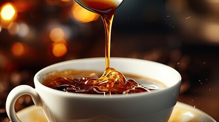 Wall Mural -  a close up of a cup of coffee with syrup being poured into the cup and saucer on a saucer with a blurry boke of lights in the background.  generative ai