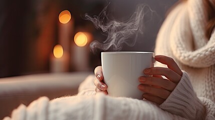 Poster -  a woman in a white sweater holding a white coffee cup with steam coming out of the top of the cup and a lit candle in the back of the background.  generative ai