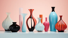 a series of vases of various sizes and shapes and colors; all unique designs and original, against soft peach pink background