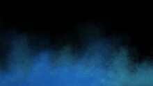 Blue Fog In Slow Motion On Black Background. Realistic Atmospheric Blue Smoke On Dark Background. Blue Fume Slowly Floating Rises Up
