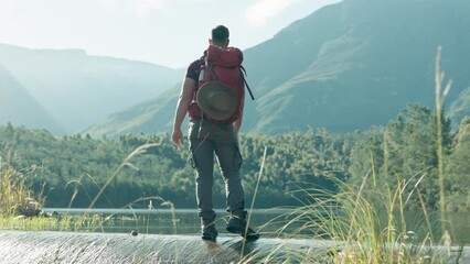 throw, stone or man hiking by lake in nature adventure to explore outdoors for camping on holiday va