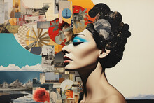 Modern Pop Art Paper Collage Portrait Of Young Woman Contemporary Abstract Poster. Retro Concept