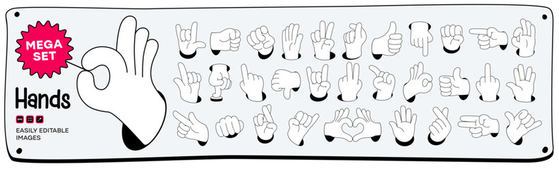 mega set of cartoon comic hands gestures with different signs and symbols. gesturing human arms in d