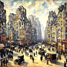 Cubist Painting Of Traditional Historical 1900s 20th Century Busy City Street Town Alley Life View With Automobile Cars, People & Street Lamps, Urban Town American New York City USA Buildings Skyline