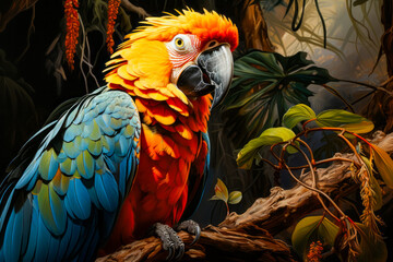 Canvas Print - Colorful parrot sitting on top of tree branch in forest.